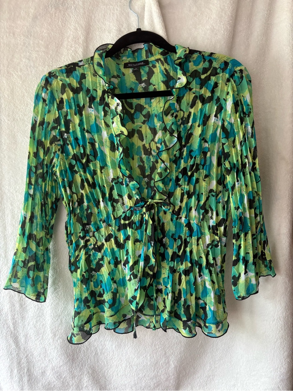 Notations Green & Teal Patterned Ruffle-Front Blouse - Picture 2 of 3
